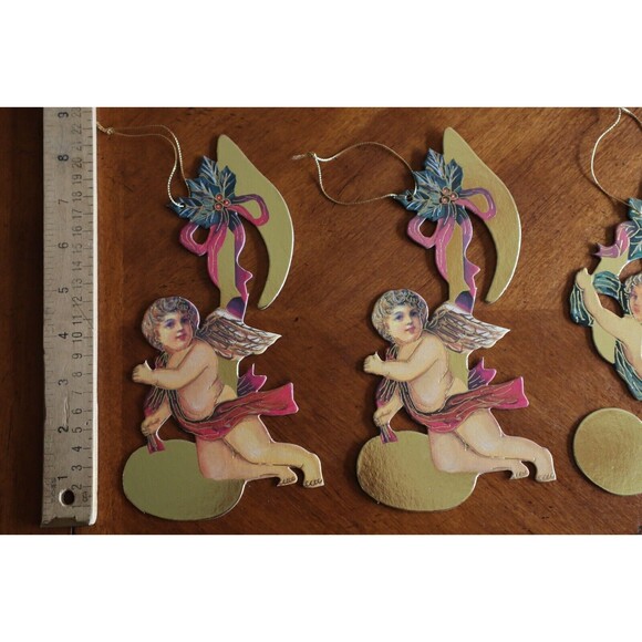 Lot 6x Victorian Die Cut Out Christmas Ornament Angel Cherub Musical Note Bows - Picture 2 of 12